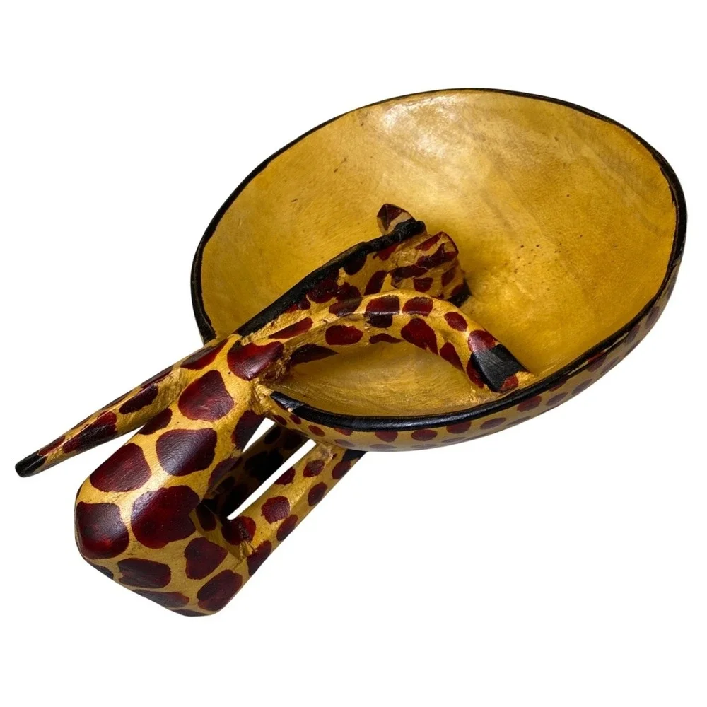 Hand Carved Kenyan Giraffe Wooden Decorative Bowl‎ Safari Animal Folk Art